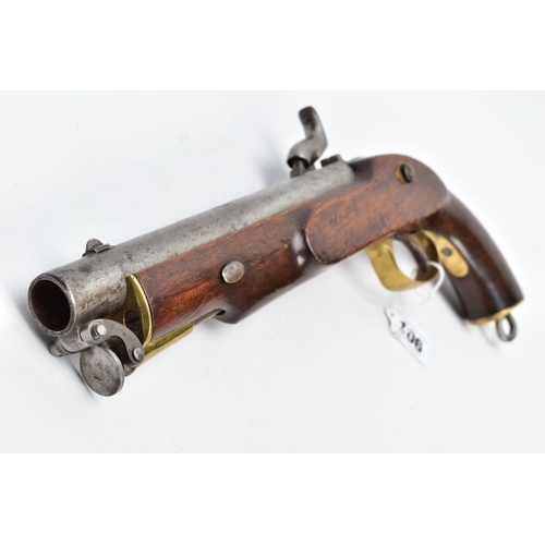 106 - AN ANTIQUE 13 BORE PERCUSSION CAVALRY PERCUSSION PISTOL fitted with an 8'' barrel, it bears no proof... 