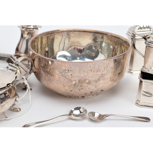 18 - A SELECTION OF SILVER CONDIMENTS AND ITEMS, to include a George V salt with spoon, plain polished bo... 