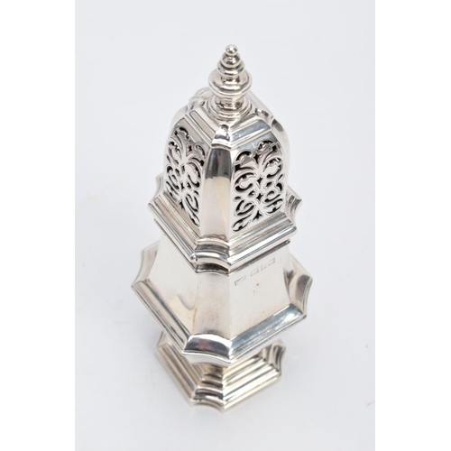 19 - A SILVER GEORGIAN SUGAR SIFTER, plain polished design with an openwork cover, hallmarked London 1927... 