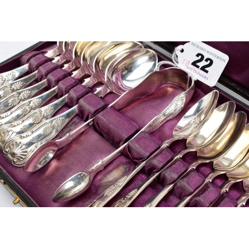 22 - A CASED VICTORIAN TEASPOON SET, to include twelve teaspoons and a pair of sugar tongs, each of King'... 