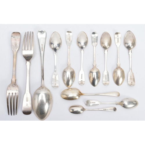 23 - A SELECTION OF SILVER CUTLERY, to include two George III Fiddle pattern forks hallmarked London 1804... 