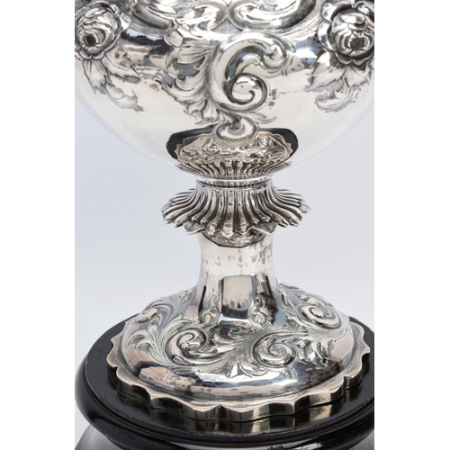 25 - A SILVER TROPHY CUP WITH STAND, the double handled trophy cup of a foliate and scroll detailed desig... 