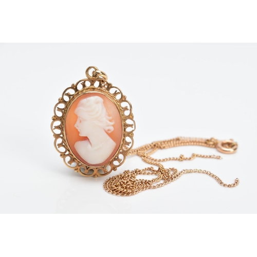 27 - A 9CT GOLD CAMEO PENDANT AND CHAIN, the oval cameo depicting a lady in profile within a collet mount... 