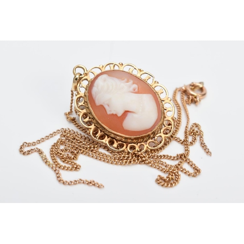 27 - A 9CT GOLD CAMEO PENDANT AND CHAIN, the oval cameo depicting a lady in profile within a collet mount... 