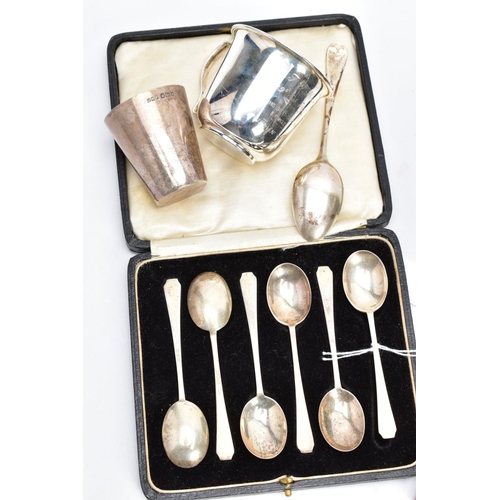 3 - A SELECTION OF SILVER ITEMS, to include a cased set of six George V plain polished teaspoons, each h... 