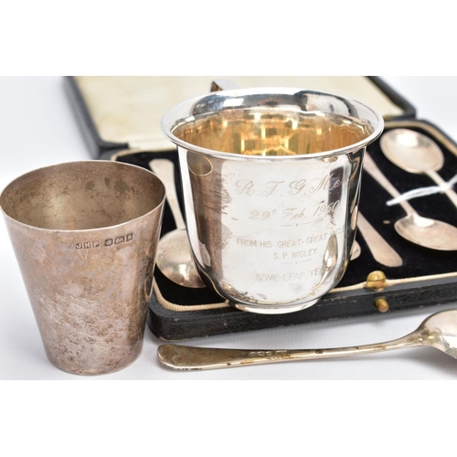 3 - A SELECTION OF SILVER ITEMS, to include a cased set of six George V plain polished teaspoons, each h... 