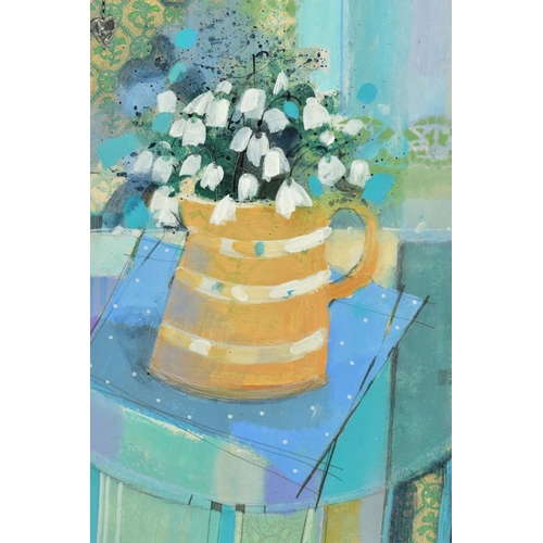 301 - EMMA S DAVIS (SCOTTISH 1975) 'SNOWDROPS', a modern still life depicting flowers in a water jug, sign... 