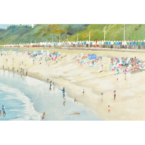 302 - HILARY BURNETT COOPER (BRITISH CONTEMPORARY) 'ENJOYING THE SUMMER SUN', bathers at the beach, signed... 