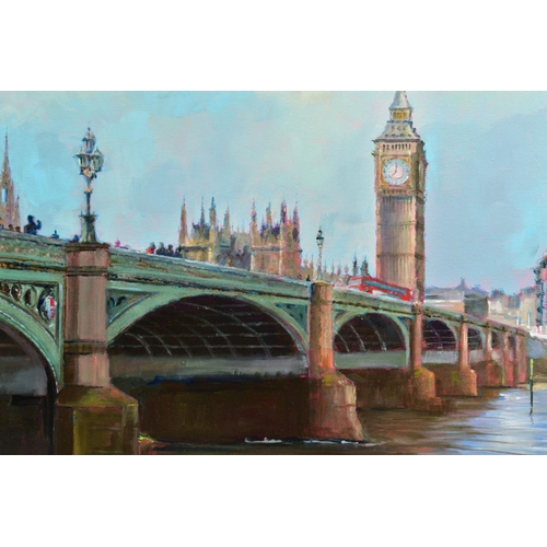 306 - HILARY BURNETT COOPER (BRITISH CONTEMPORARY) 'WESTMINSTER BRIDGE', a London view across the Thames, ... 