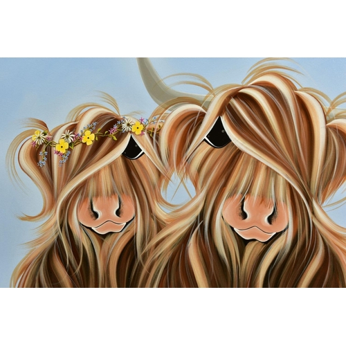 307 - JENNIFER HOGWOOD (BRITISH 1980) 'WITH MOO II', stylised Highland Cattle, signed bottom right, oil on... 