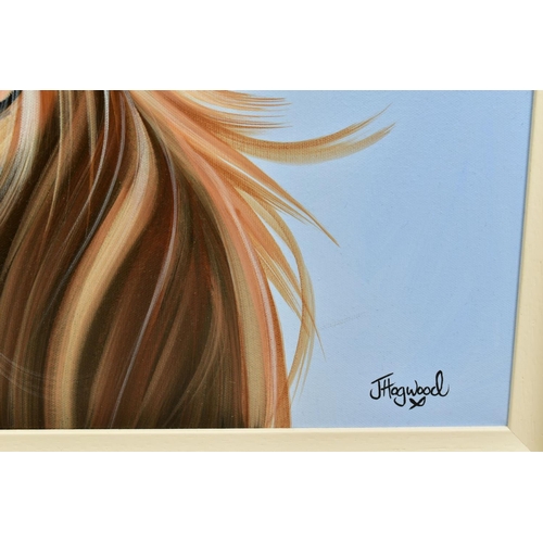 307 - JENNIFER HOGWOOD (BRITISH 1980) 'WITH MOO II', stylised Highland Cattle, signed bottom right, oil on... 