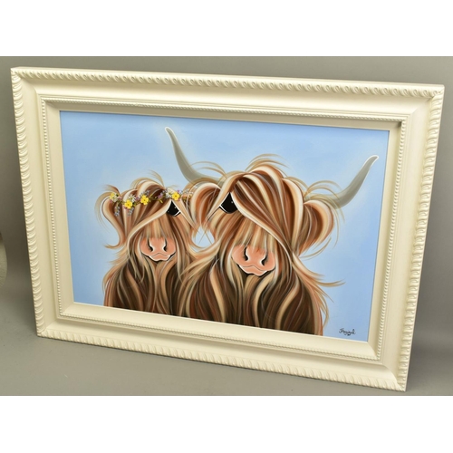 307 - JENNIFER HOGWOOD (BRITISH 1980) 'WITH MOO II', stylised Highland Cattle, signed bottom right, oil on... 