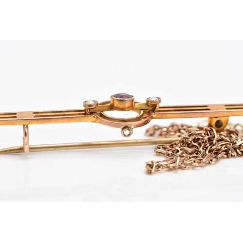 31 - A 9CT GOLD CHAIN, A YELLOW METAL BAR BROOCH, the chain of an elongated curb link design fitted with ... 