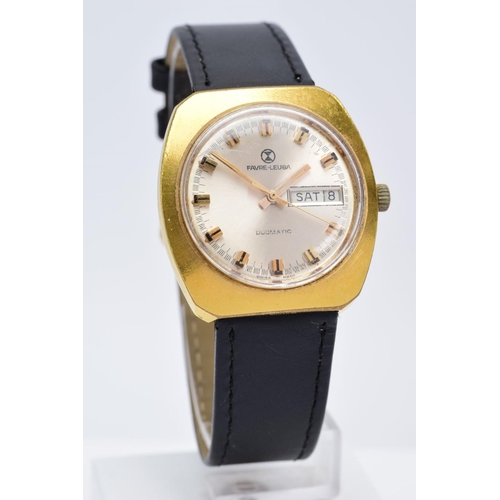 32 - A GENTS FAVRE-LEUBA WRISTWATCH, silver tone dial signed 'Favre-Leuba Duomatic', baton markers, gold ... 