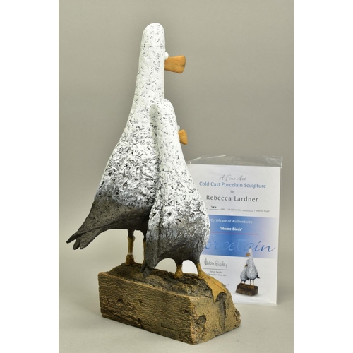 323 - REBECCA LARDNER (BRITISH 1971) 'HOME BIRDS', a limited edition sculpture of two birds, 397/495, impr... 