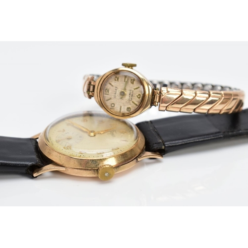 33 - A LADIES AND A GENTS 9CT GOLD WRIST WATCHES, the ladies 'Chalet' wristwatch, discoloured silver dial... 