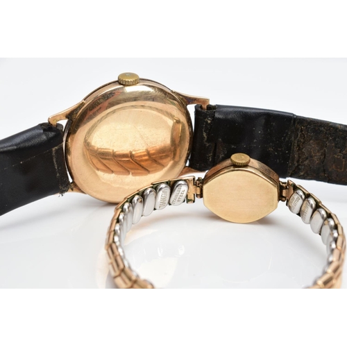 33 - A LADIES AND A GENTS 9CT GOLD WRIST WATCHES, the ladies 'Chalet' wristwatch, discoloured silver dial... 