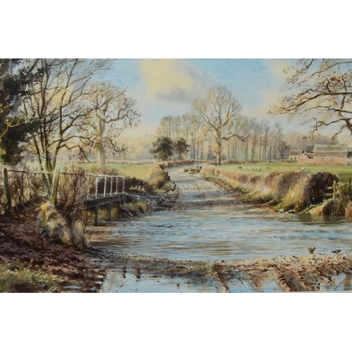 336 - REX PRESTON (BRITISH 1948), 'Far Hoar Cross Ford', a stream running through a rural landscape settin... 