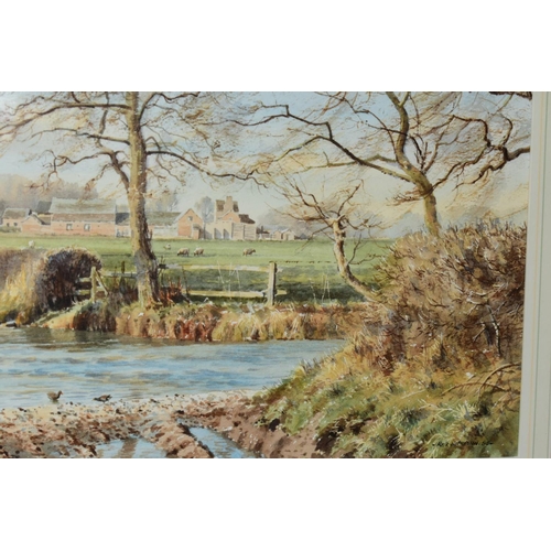 336 - REX PRESTON (BRITISH 1948), 'Far Hoar Cross Ford', a stream running through a rural landscape settin... 