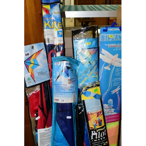 345 - NINE ASSORTED KITES, to include stunt kites, box kite and bi-plane kite, together with a Riley two p... 