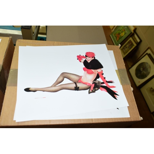 347 - SIX BOXES OF GLAMOUR PIN UP PRINTS OF FEMALE FIGURES, scantily clad and in provocative poses, signed... 