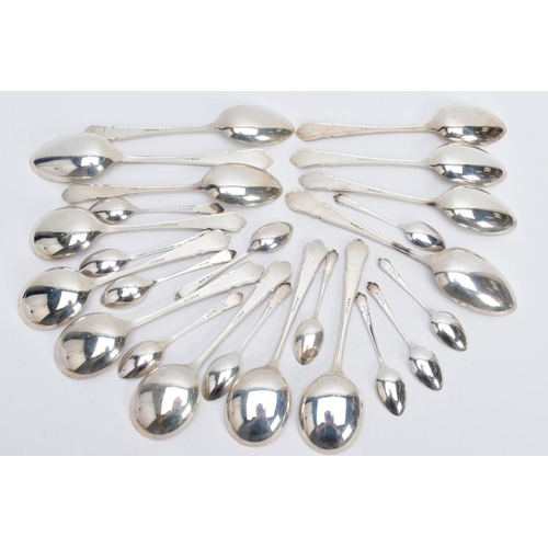 35 - A SELECTION  OF SILVER SPOONS, all of a reeded design to include six soup spoons, five tablespoons, ... 