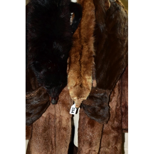 354 - A LADIES FUR COAT, approximate size 14/16, a dark fur stole with head, tail and legs, mink stole wit... 