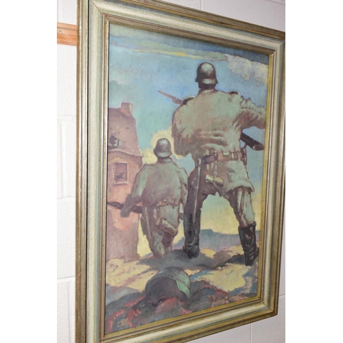 360 - HAROLD WARBY (20TH CENTURY) 'Condor Legion, Spain 1939', German troops approaching a damaged buildin... 