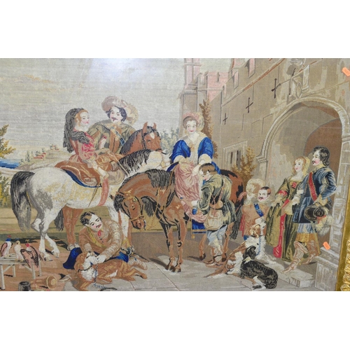 362 - A VICTORIAN WOOLWORK TAPESTRY OF A 17TH CENTURY FALCONRY GROUP OUTSIDE CASTLE WALLS, with figures on... 