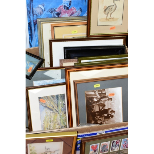 364 - A BOX AND LOOSE ASSORTED PRINTS, ETC, to include John Reilly 'Harmony on Earth', E. Marday 'Stream L... 