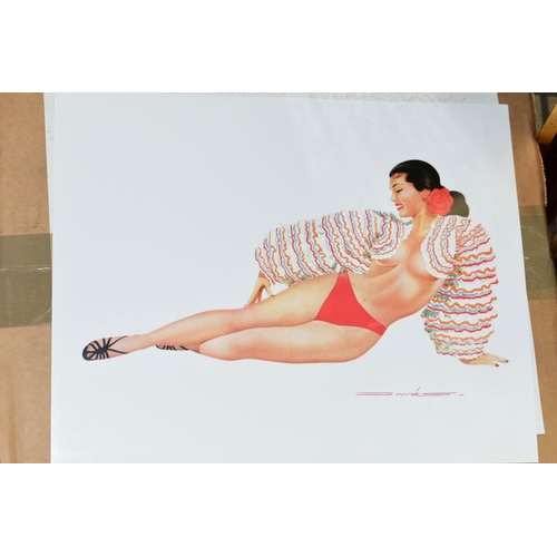 365 - SIX BOXES OF GLAMOUR PIN UP PRINTS, of scantily clad female figures in provocative poses, signed Dav... 