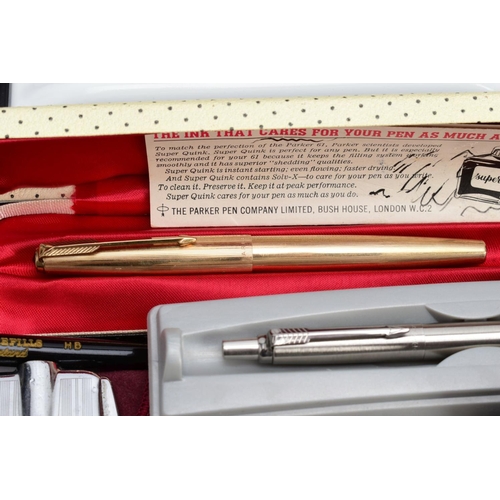 37 - A QUANTITY OF PARKER PENS, A SHEAFFER FOUNTAIN PEN, LIGHTERS etc, to include a rolled gold Parker '6... 