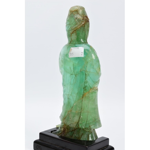 38 - TWO ORIENTAL CARVED FIGURES, believed to be green fluorite, each with a wooden base (one base unatta... 