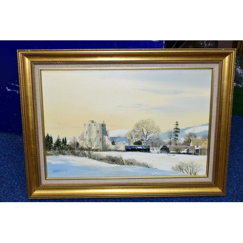 382 - MICHAEL BARNFATHER (BRITISH 1934) 'MELTING SNOW AT STOKESAY CASTLE' a Winter landscape, signed and d... 