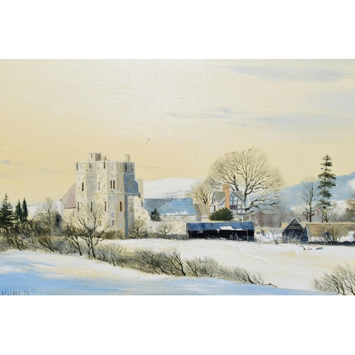 382 - MICHAEL BARNFATHER (BRITISH 1934) 'MELTING SNOW AT STOKESAY CASTLE' a Winter landscape, signed and d... 