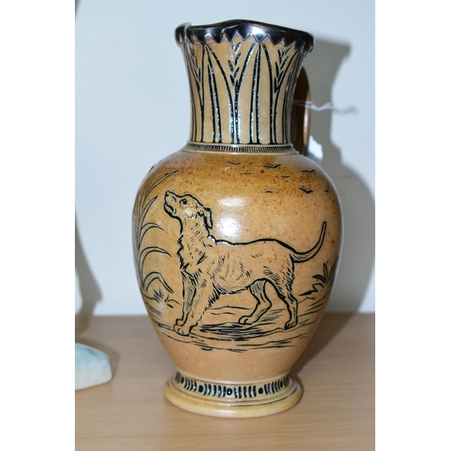 384 - A DOULTON LAMBETH HANNAH BARLOW BALUSTER SHAPED STONEWARE JUG, with a hallmarked silver rim, makers ... 