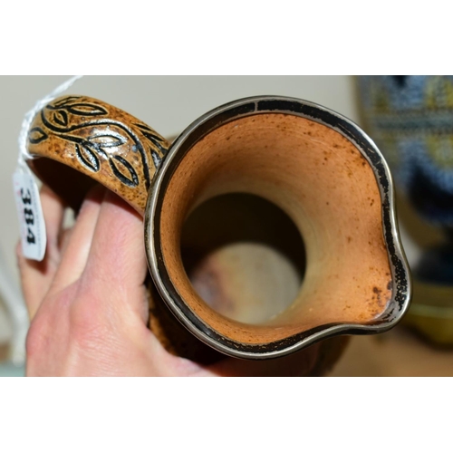 384 - A DOULTON LAMBETH HANNAH BARLOW BALUSTER SHAPED STONEWARE JUG, with a hallmarked silver rim, makers ... 