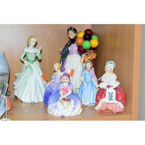 386 - SIX ROYAL DOULTON FIGURES, comprising Peggy HN2038, Wendy HN2169, Marie HN1570, Monica HN1467, Grace... 