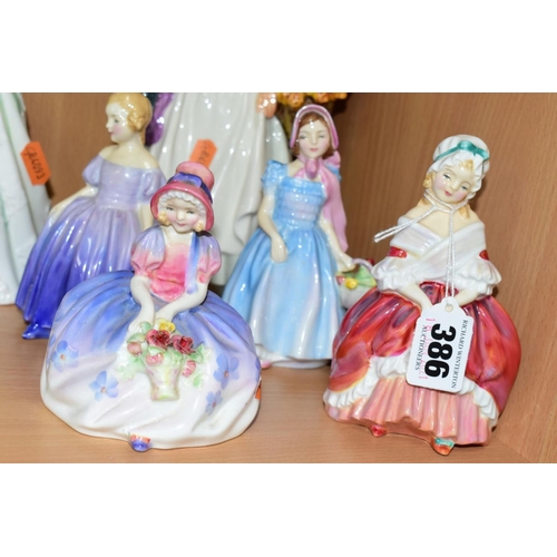 386 - SIX ROYAL DOULTON FIGURES, comprising Peggy HN2038, Wendy HN2169, Marie HN1570, Monica HN1467, Grace... 