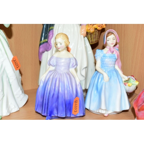 386 - SIX ROYAL DOULTON FIGURES, comprising Peggy HN2038, Wendy HN2169, Marie HN1570, Monica HN1467, Grace... 