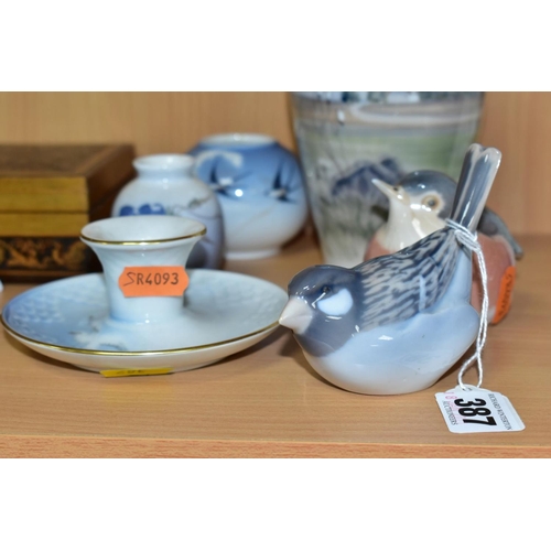 387 - FIVE PIECES OF ROYAL COPENHAGEN PORCELAIN AND A SIMILAR CANDLE HOLDER, comprising 1081 Sparrow, 2266... 