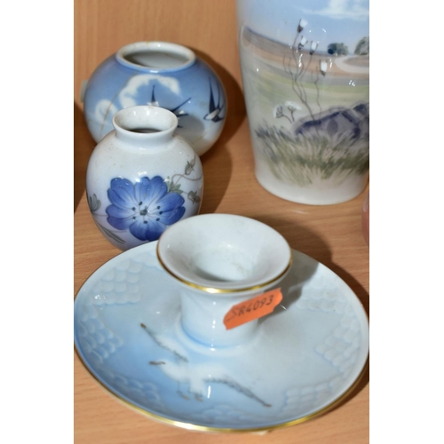 387 - FIVE PIECES OF ROYAL COPENHAGEN PORCELAIN AND A SIMILAR CANDLE HOLDER, comprising 1081 Sparrow, 2266... 