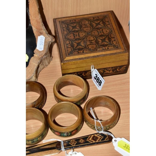 388 - A GROUP OF TUNBRIDGE WARE, comprising a letter opener with geometric designs, a square box with hing... 