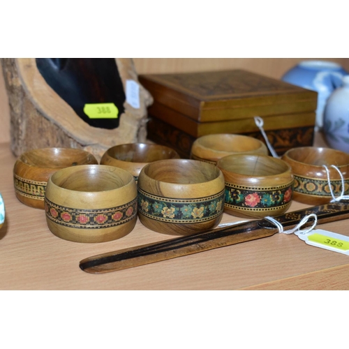 388 - A GROUP OF TUNBRIDGE WARE, comprising a letter opener with geometric designs, a square box with hing... 