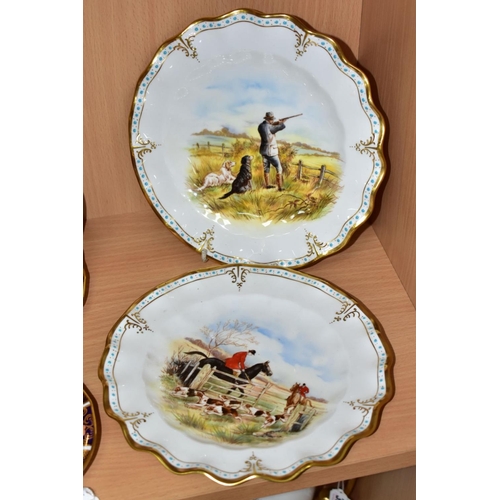 391 - A PAIR OF ROYAL CROWN DERBY WAVY RIM CABINET PLATES, printed and tinted designs, one with huntsmen a... 