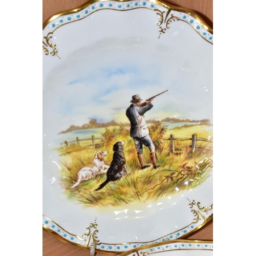 391 - A PAIR OF ROYAL CROWN DERBY WAVY RIM CABINET PLATES, printed and tinted designs, one with huntsmen a... 