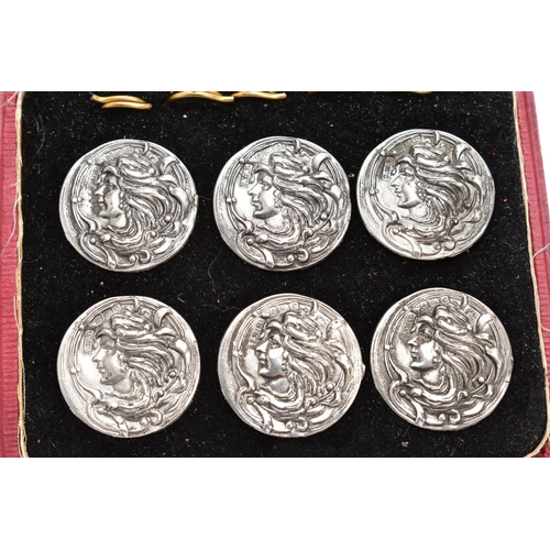 4 - A CASED SET OF SIX EDWARDIAN SILVER BUTTONS, each one embossed depicting a lady in profile, with fiv... 