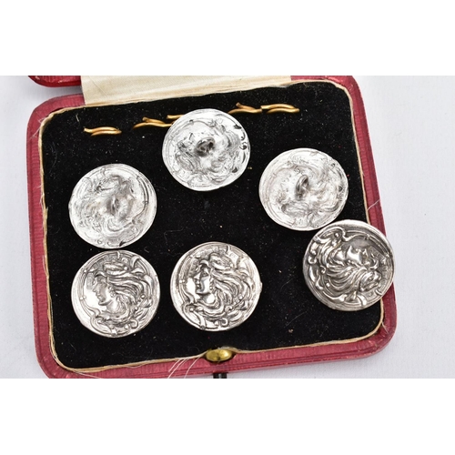 4 - A CASED SET OF SIX EDWARDIAN SILVER BUTTONS, each one embossed depicting a lady in profile, with fiv... 