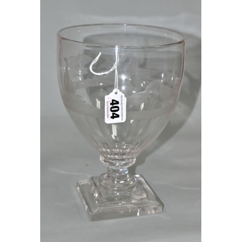 404 - AN EARLY 19TH CENTURY OVERSIZED GLASS RUMMER ENGRAVED WITH FOUR COCK FIGHTING SCENES, above a facet ... 