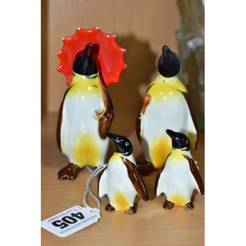 405 - A BESWICK PENGUIN FAMILY, comprising Penguin with Umbrella no 802, Penguin with walking stick no 803... 